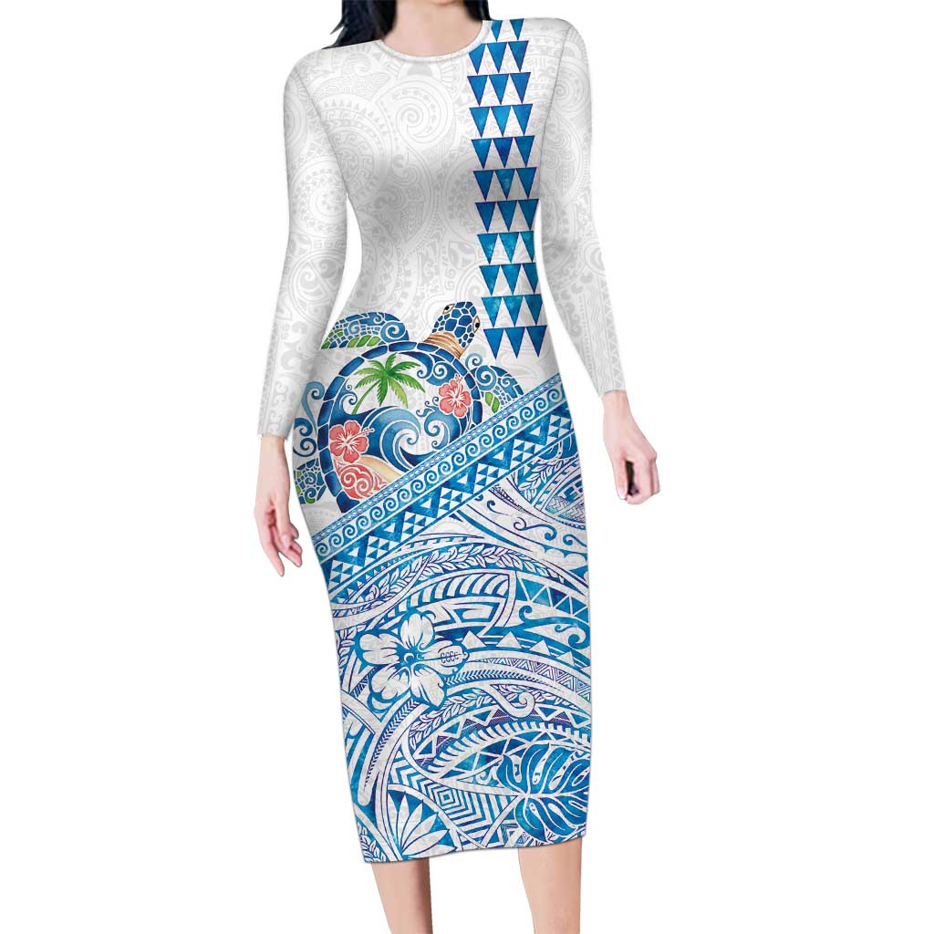 Hawaiian Abstract Sea Turtle Family Matching Long Sleeve Bodycon Dress and Hawaiian Shirt Polynesian Tapa Art and Kakau Tattoo White WaterColor LT03 Mom's Dress White - Polynesian Pride