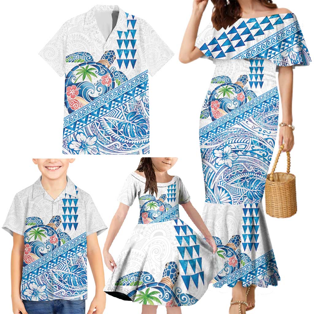 Hawaiian Abstract Sea Turtle Family Matching Mermaid Dress and Hawaiian Shirt Polynesian Tapa Art and Kakau Tattoo White WaterColor LT03 - Polynesian Pride