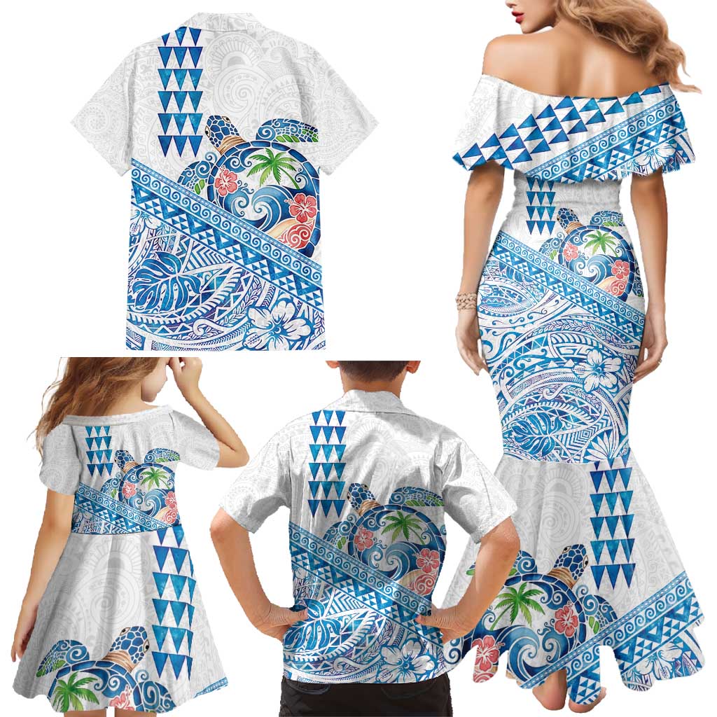 Hawaiian Abstract Sea Turtle Family Matching Mermaid Dress and Hawaiian Shirt Polynesian Tapa Art and Kakau Tattoo White WaterColor LT03 - Polynesian Pride