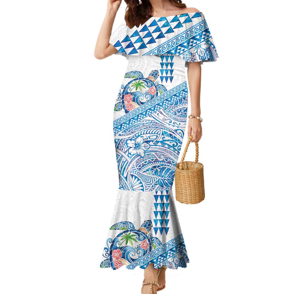 Hawaiian Abstract Sea Turtle Family Matching Mermaid Dress and Hawaiian Shirt Polynesian Tapa Art and Kakau Tattoo White WaterColor LT03 Mom's Dress White - Polynesian Pride