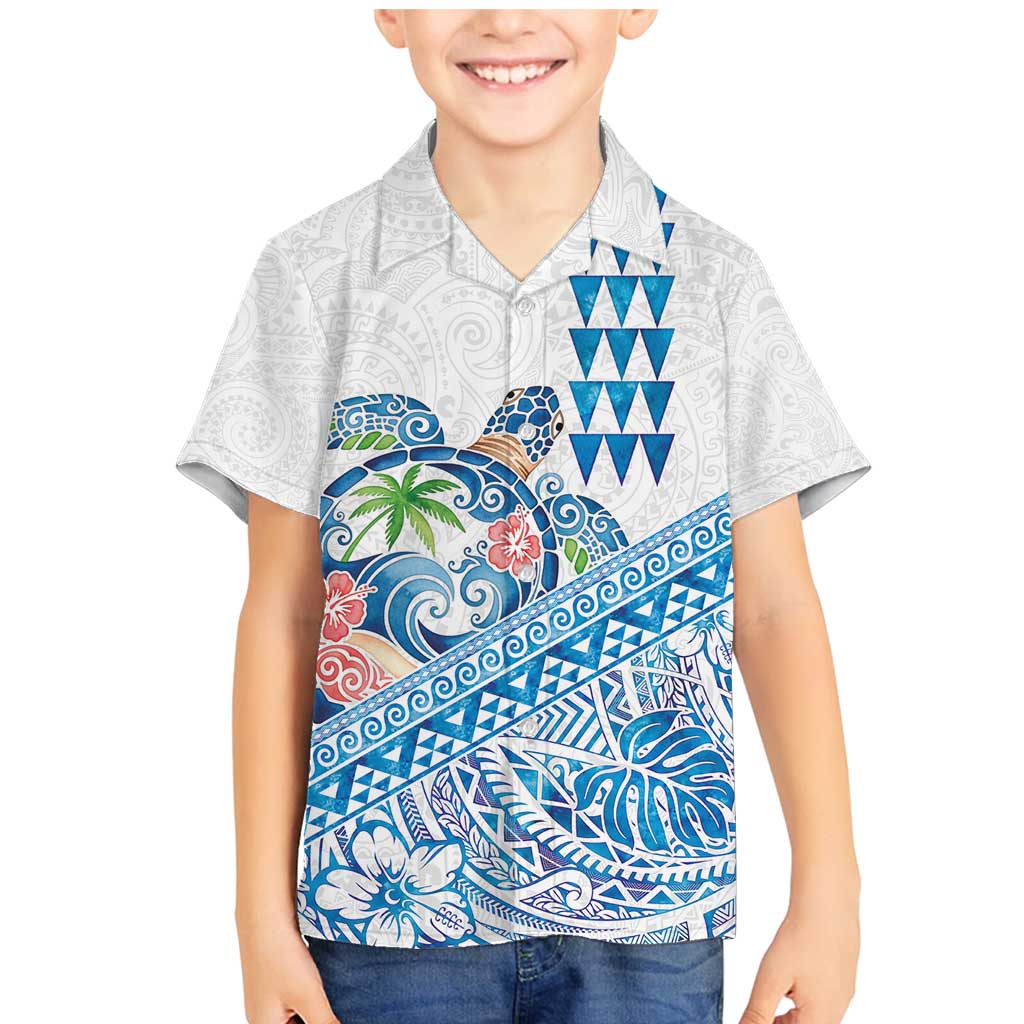 Hawaiian Abstract Sea Turtle Family Matching Mermaid Dress and Hawaiian Shirt Polynesian Tapa Art and Kakau Tattoo White WaterColor LT03 Son's Shirt White - Polynesian Pride