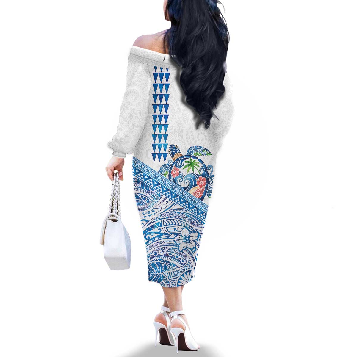 Hawaiian Abstract Sea Turtle Family Matching Off The Shoulder Long Sleeve Dress and Hawaiian Shirt Polynesian Tapa Art and Kakau Tattoo White WaterColor LT03 - Polynesian Pride