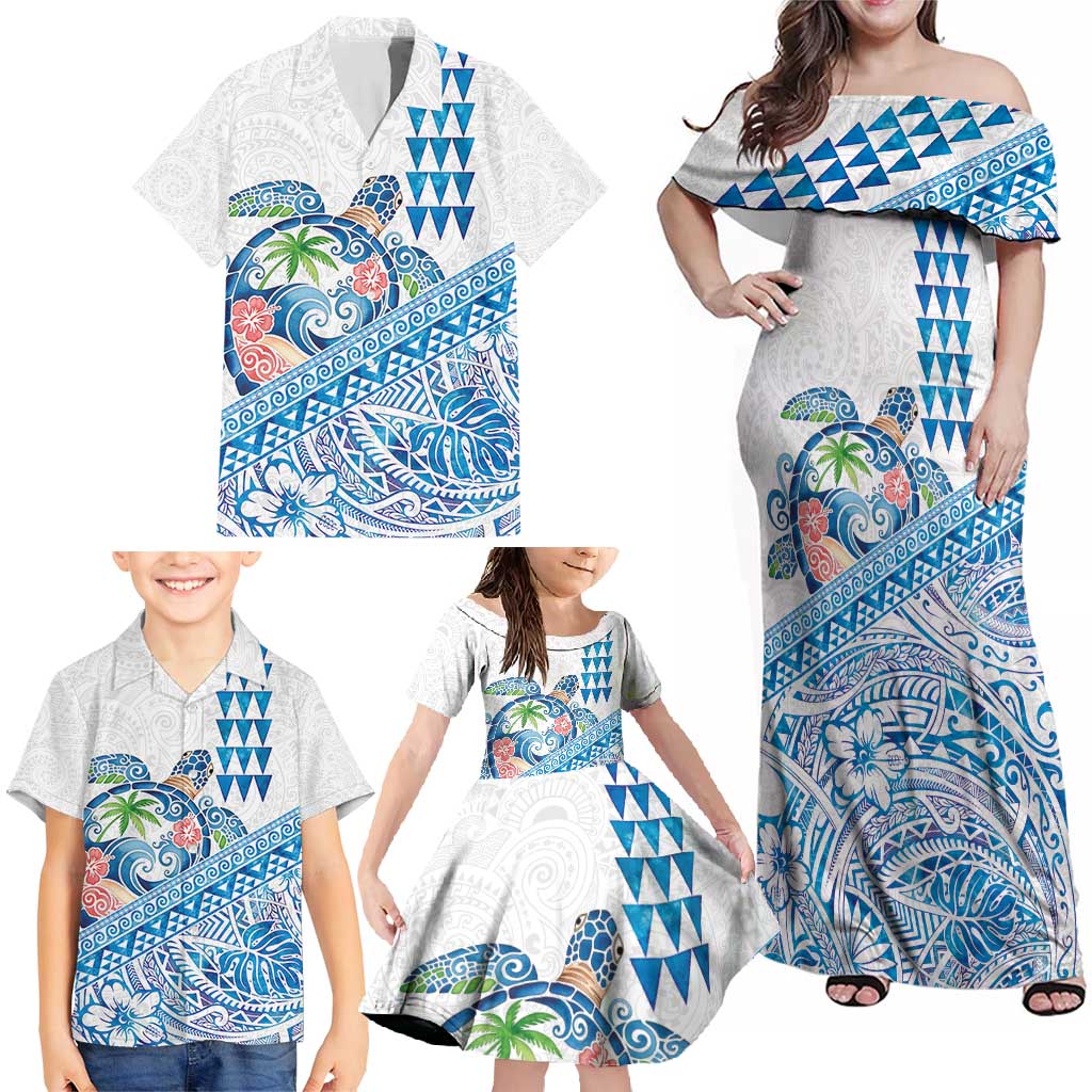 Hawaiian Abstract Sea Turtle Family Matching Off Shoulder Maxi Dress and Hawaiian Shirt Polynesian Tapa Art and Kakau Tattoo White WaterColor LT03 - Polynesian Pride