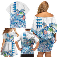 Hawaiian Abstract Sea Turtle Family Matching Off Shoulder Short Dress and Hawaiian Shirt Polynesian Tapa Art and Kakau Tattoo White WaterColor LT03 - Polynesian Pride