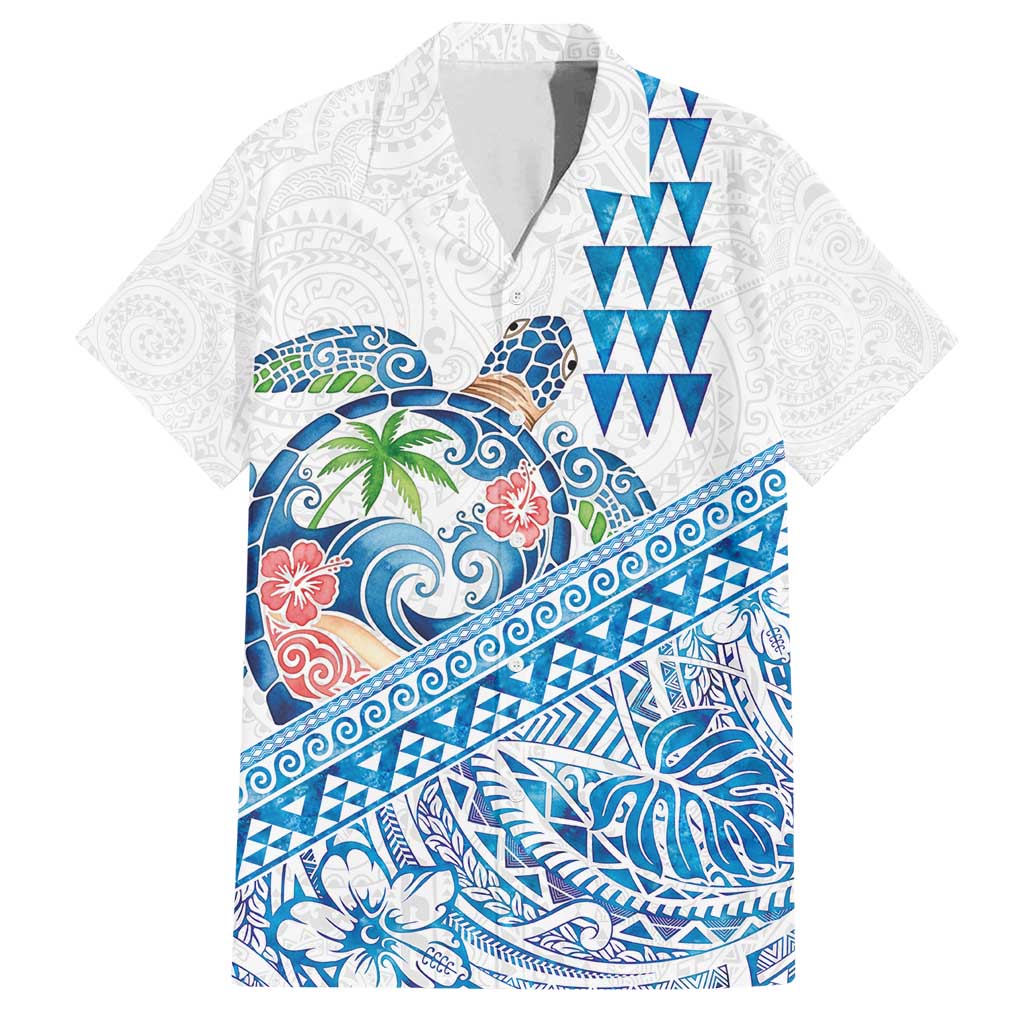 Hawaiian Abstract Sea Turtle Family Matching Puletasi and Hawaiian Shirt Polynesian Tapa Art and Kakau Tattoo White WaterColor LT03 Dad's Shirt - Short Sleeve White - Polynesian Pride