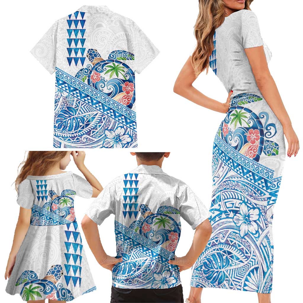 Hawaiian Abstract Sea Turtle Family Matching Short Sleeve Bodycon Dress and Hawaiian Shirt Polynesian Tapa Art and Kakau Tattoo White WaterColor LT03 - Polynesian Pride