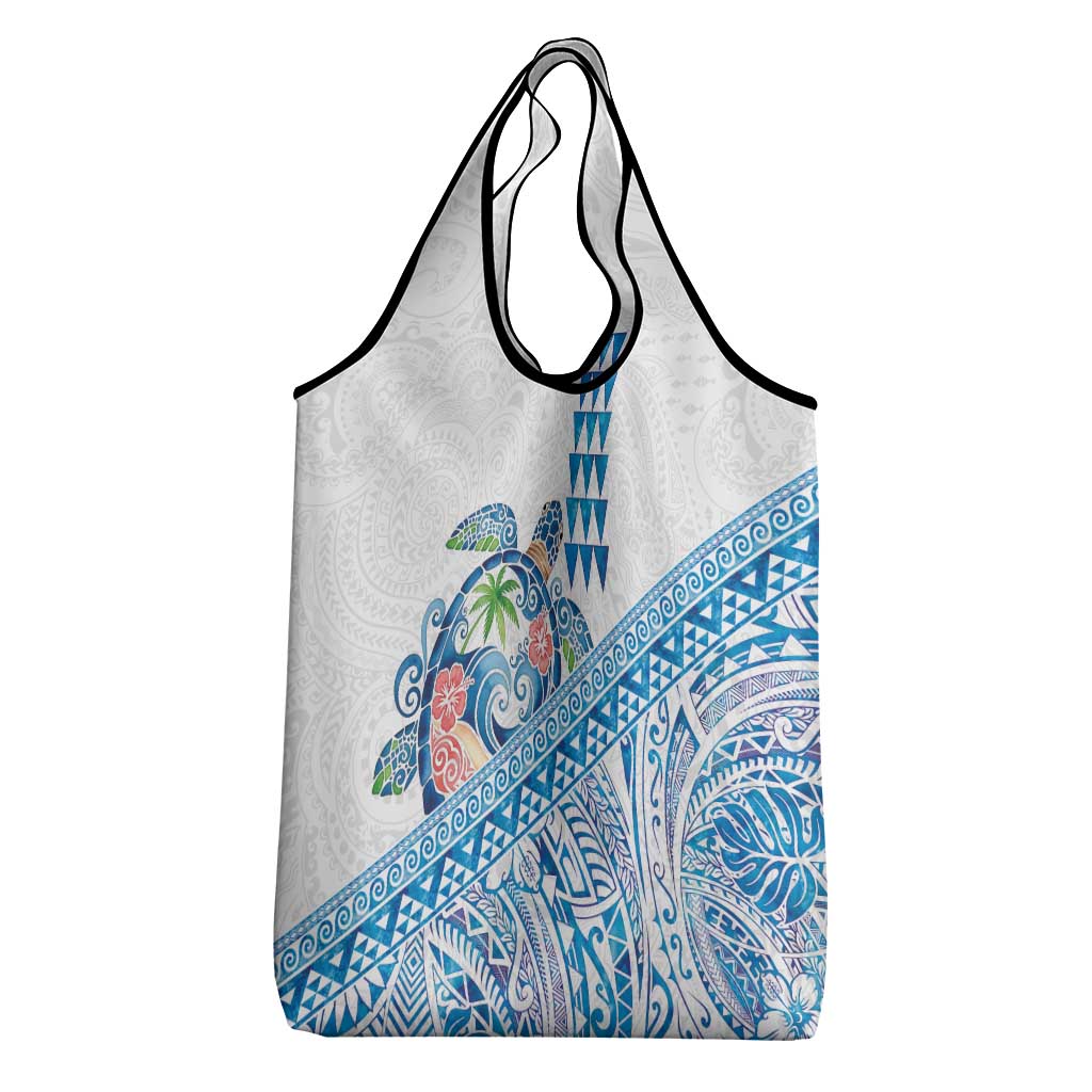 Hawaiian Abstract Sea Turtle Grocery Bag Polynesian Tapa Art and Kakau Tattoo White WaterColor LT03 - Polynesian Pride