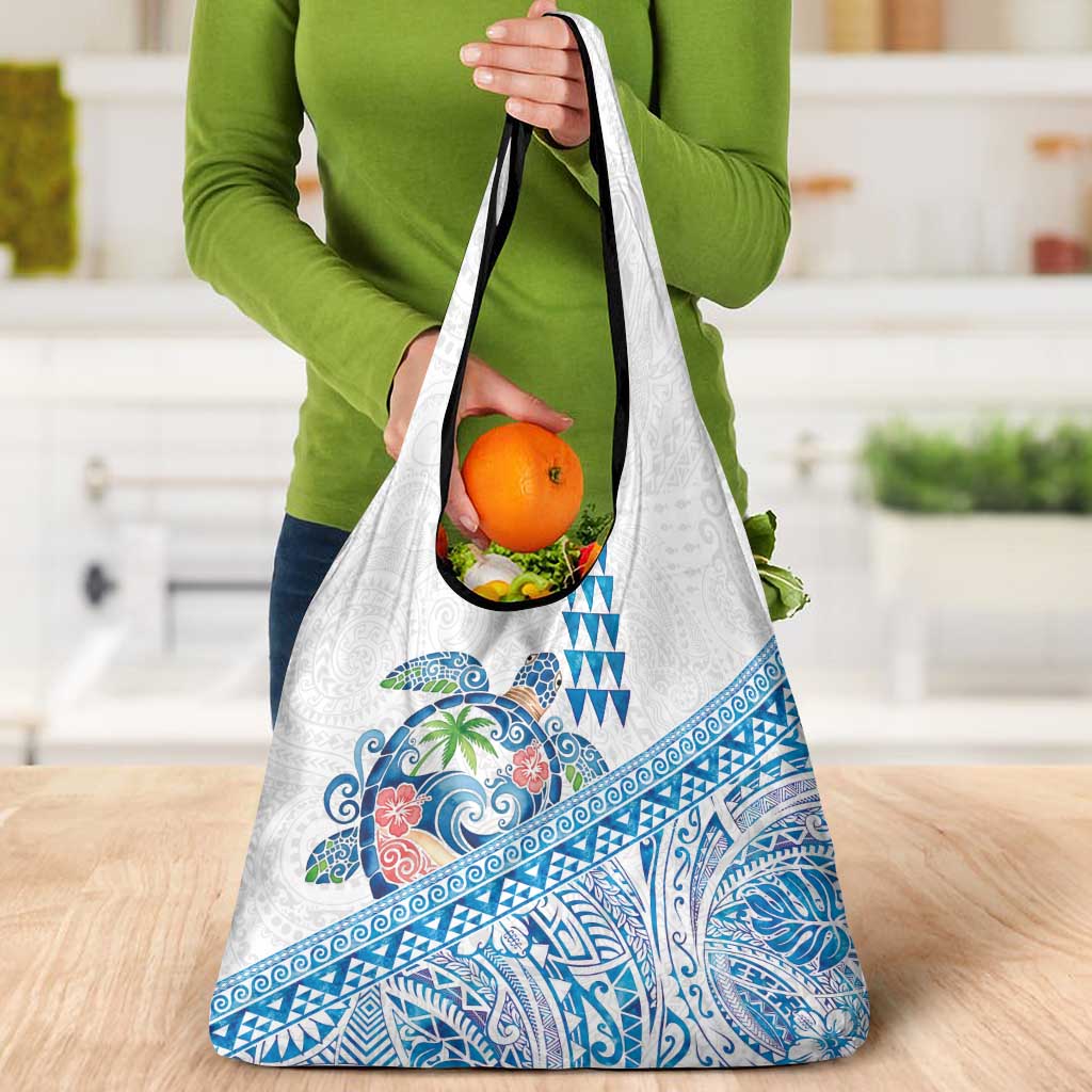 Hawaiian Abstract Sea Turtle Grocery Bag Polynesian Tapa Art and Kakau Tattoo White WaterColor LT03 - Polynesian Pride