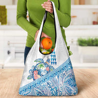 Hawaiian Abstract Sea Turtle Grocery Bag Polynesian Tapa Art and Kakau Tattoo White WaterColor LT03 - Polynesian Pride