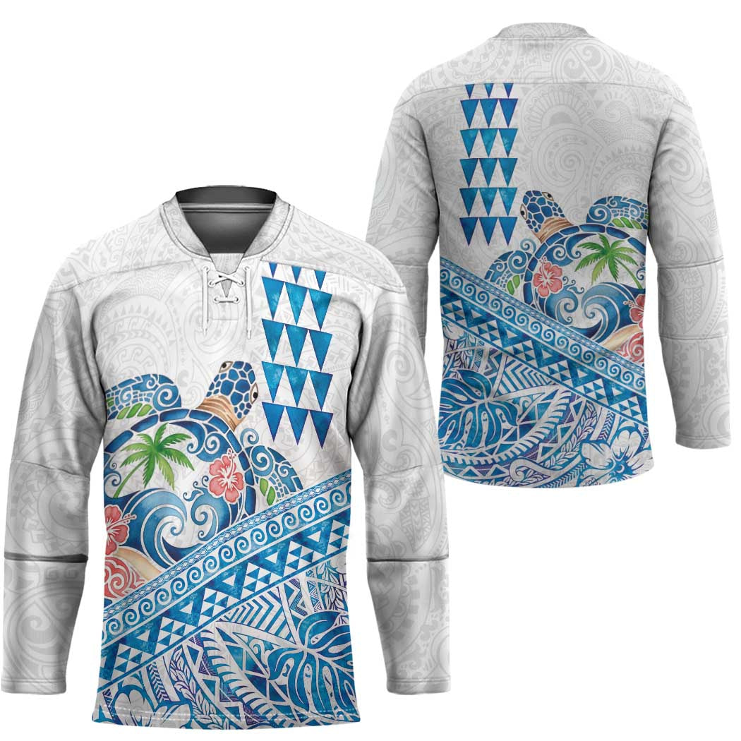 Hawaiian Abstract Sea Turtle Hockey Jersey Polynesian Tapa Art and Kakau Tattoo White WaterColor LT03 - Polynesian Pride