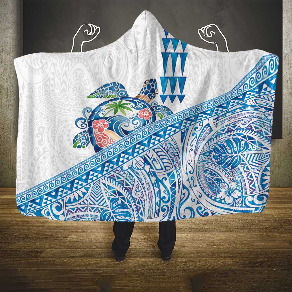 Hawaiian Abstract Sea Turtle Hooded Blanket Polynesian Tapa Art and Kakau Tattoo White WaterColor LT03 - Polynesian Pride