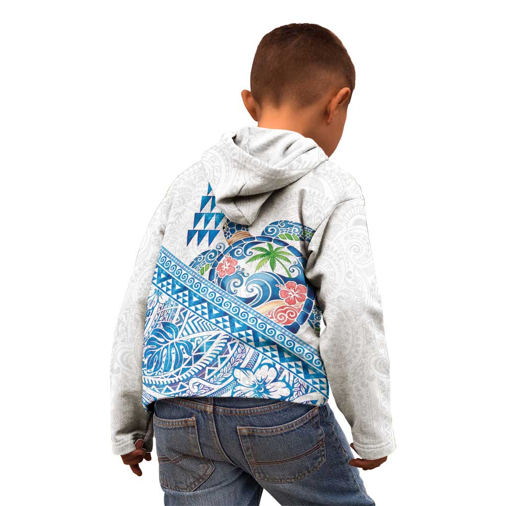 Hawaiian Abstract Sea Turtle Kid Hoodie Polynesian Tapa Art and Kakau Tattoo White WaterColor LT03 - Polynesian Pride