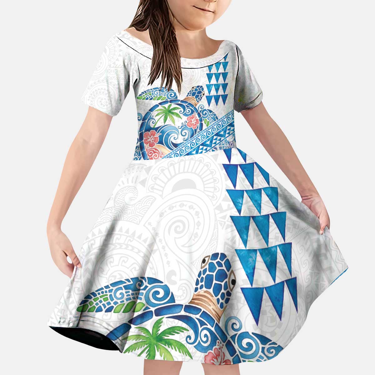 Hawaiian Abstract Sea Turtle Kid Short Sleeve Dress Polynesian Tapa Art and Kakau Tattoo White WaterColor LT03 KID White - Polynesian Pride