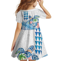 Hawaiian Abstract Sea Turtle Kid Short Sleeve Dress Polynesian Tapa Art and Kakau Tattoo White WaterColor LT03 - Polynesian Pride