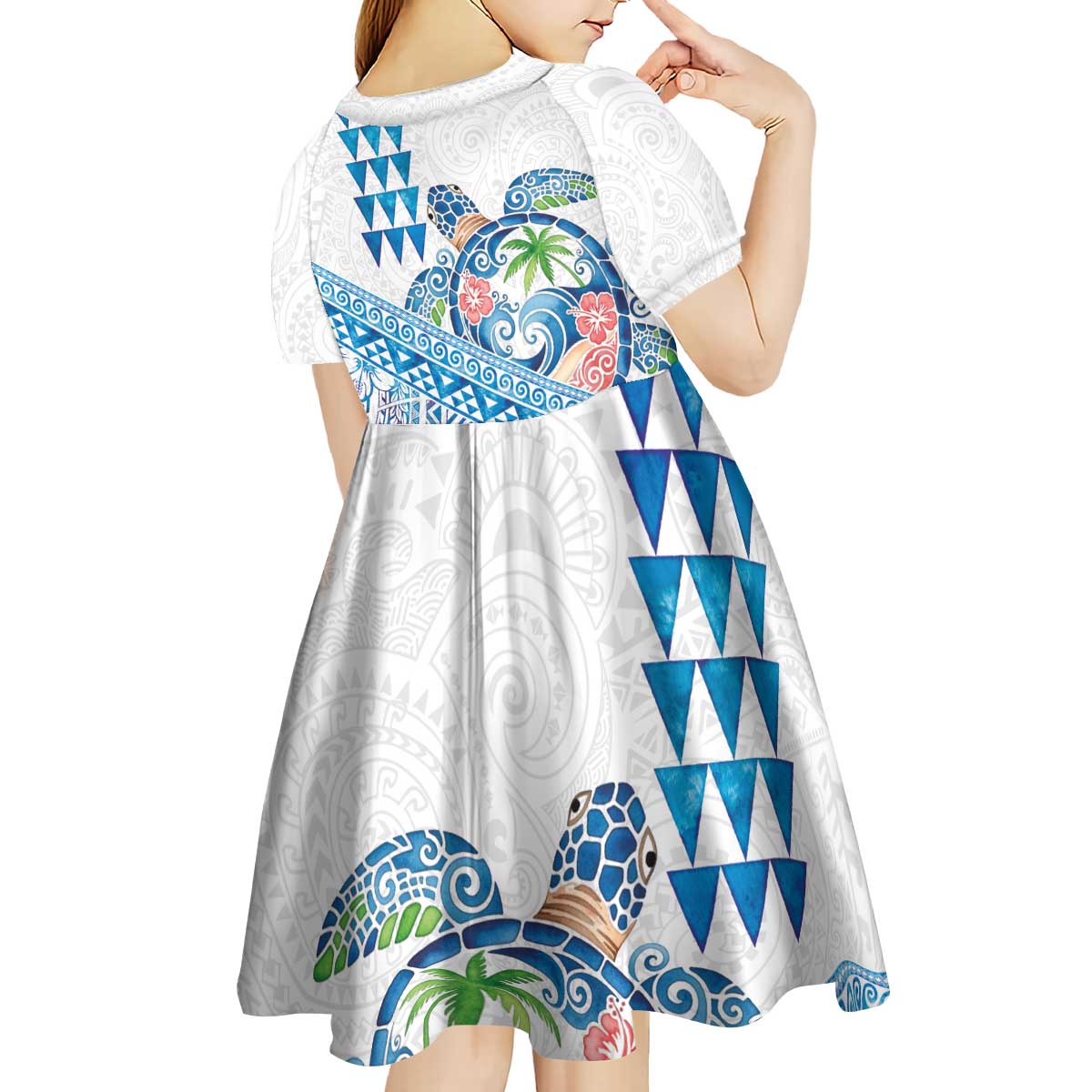 Hawaiian Abstract Sea Turtle Kid Short Sleeve Dress Polynesian Tapa Art and Kakau Tattoo White WaterColor LT03 - Polynesian Pride