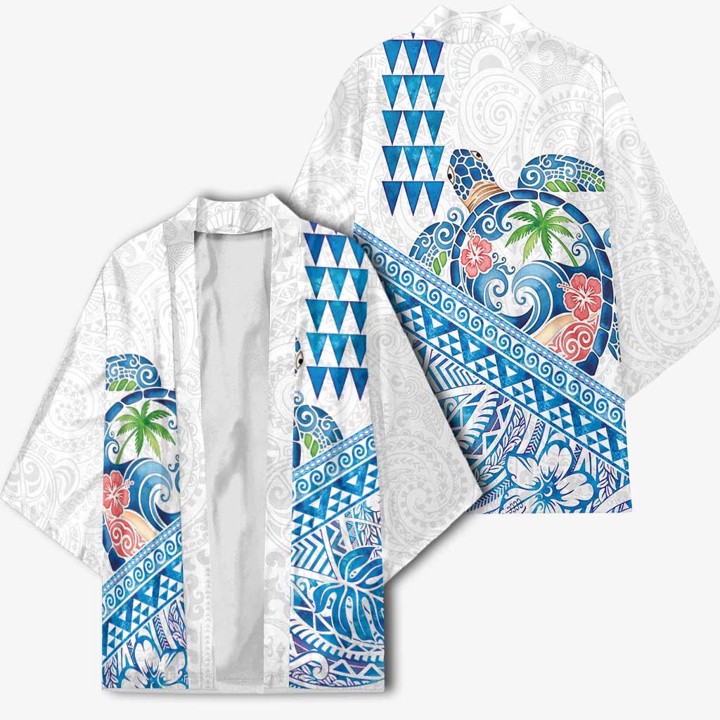 Hawaiian Abstract Sea Turtle Kimono Polynesian Tapa Art and Kakau Tattoo White WaterColor LT03 - Polynesian Pride