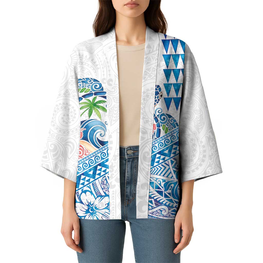 Hawaiian Abstract Sea Turtle Kimono Polynesian Tapa Art and Kakau Tattoo White WaterColor LT03 - Polynesian Pride