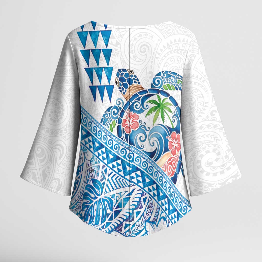 Hawaiian Abstract Sea Turtle Kimono Sleeve Blouse Polynesian Tapa Art and Kakau Tattoo White WaterColor LT03 - Polynesian Pride