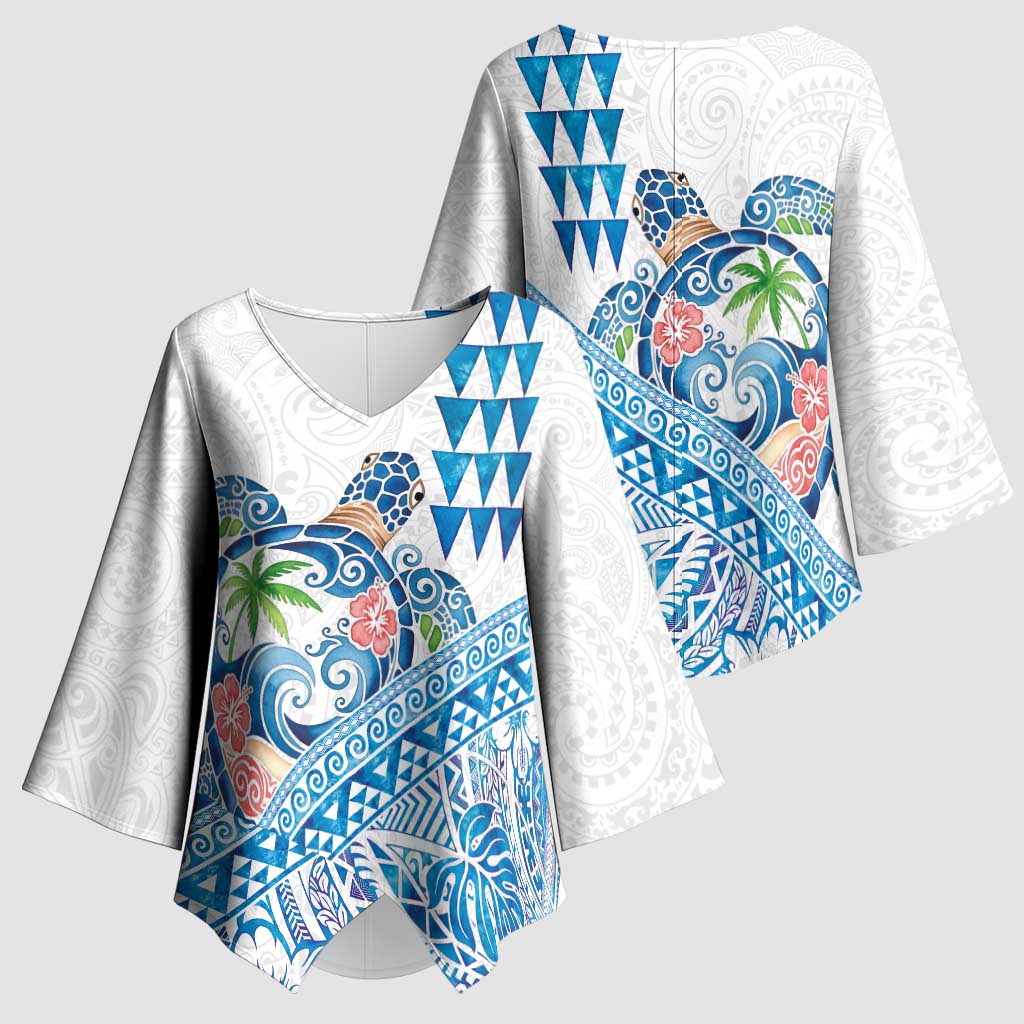 Hawaiian Abstract Sea Turtle Kimono Sleeve Blouse Polynesian Tapa Art and Kakau Tattoo White WaterColor LT03 - Polynesian Pride