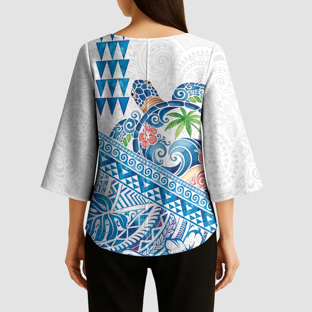 Hawaiian Abstract Sea Turtle Kimono Sleeve Blouse Polynesian Tapa Art and Kakau Tattoo White WaterColor LT03 - Polynesian Pride