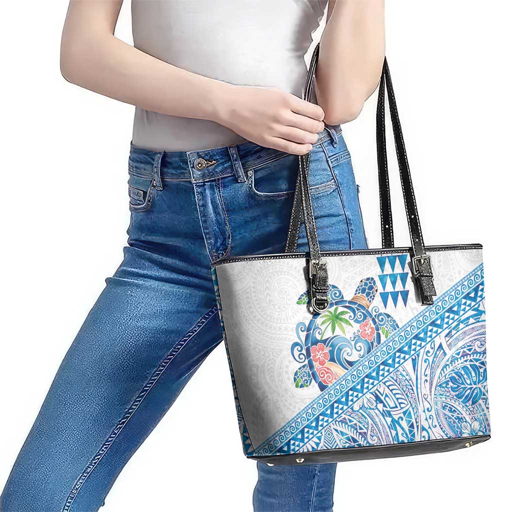 Hawaiian Abstract Sea Turtle Leather Tote Bag Polynesian Tapa Art and Kakau Tattoo White WaterColor LT03 - Polynesian Pride