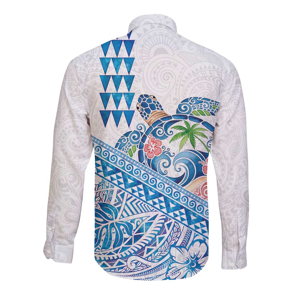 Hawaiian Abstract Sea Turtle Long Sleeve Button Shirt Polynesian Tapa Art and Kakau Tattoo White WaterColor LT03 - Polynesian Pride