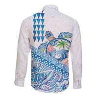 Hawaiian Abstract Sea Turtle Long Sleeve Button Shirt Polynesian Tapa Art and Kakau Tattoo White WaterColor LT03 - Polynesian Pride