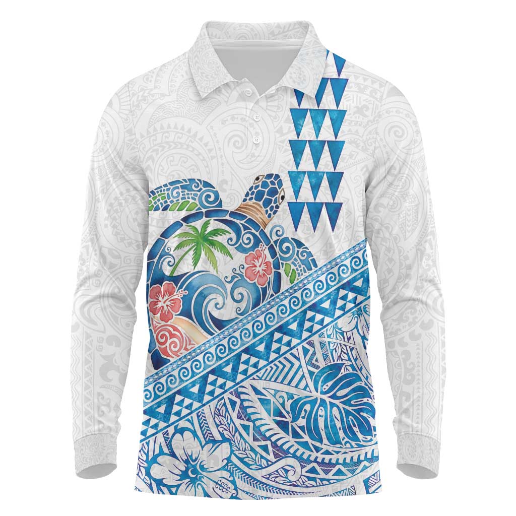 Hawaiian Abstract Sea Turtle Long Sleeve Polo Shirt Polynesian Tapa Art and Kakau Tattoo White WaterColor LT03 White - Polynesian Pride