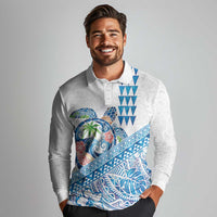 Hawaiian Abstract Sea Turtle Long Sleeve Polo Shirt Polynesian Tapa Art and Kakau Tattoo White WaterColor LT03 - Polynesian Pride