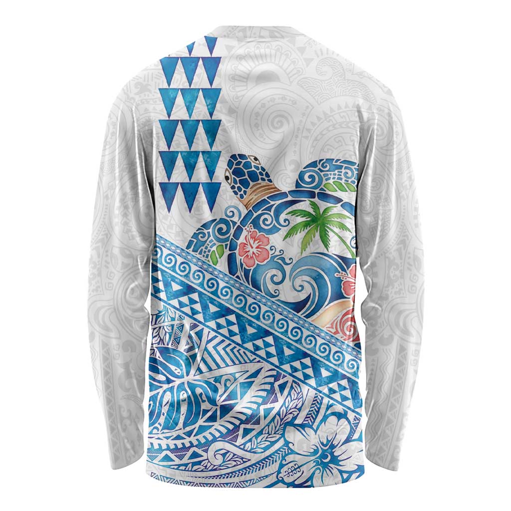 Hawaiian Abstract Sea Turtle Long Sleeve Shirt Polynesian Tapa Art and Kakau Tattoo White WaterColor LT03 - Polynesian Pride