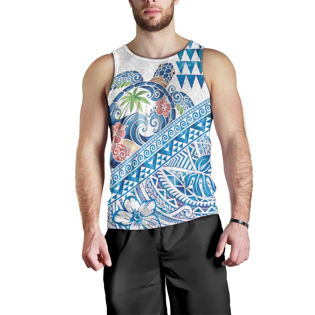 Hawaiian Abstract Sea Turtle Men Tank Top Polynesian Tapa Art and Kakau Tattoo White WaterColor LT03 - Polynesian Pride