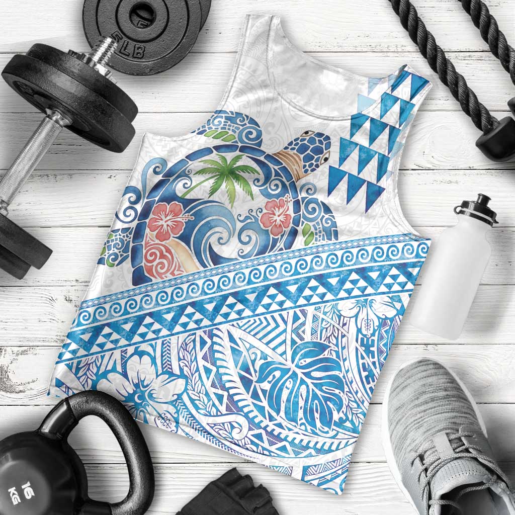 Hawaiian Abstract Sea Turtle Men Tank Top Polynesian Tapa Art and Kakau Tattoo White WaterColor LT03 - Polynesian Pride