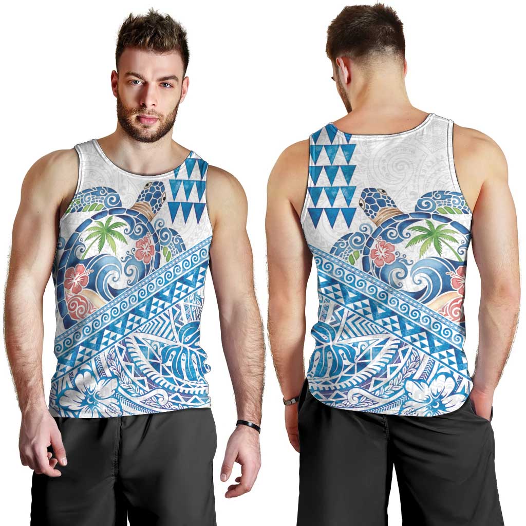Hawaiian Abstract Sea Turtle Men Tank Top Polynesian Tapa Art and Kakau Tattoo White WaterColor LT03 - Polynesian Pride