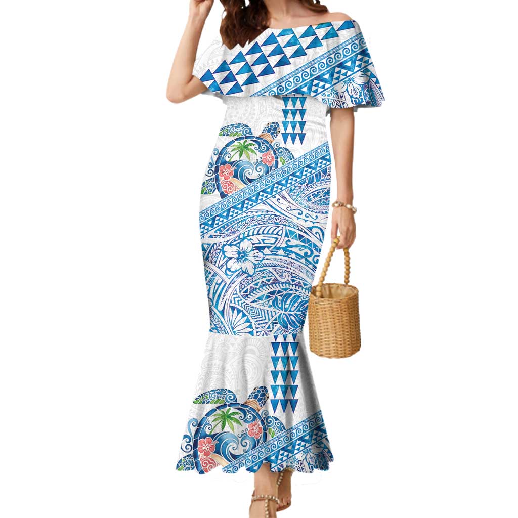 Hawaiian Abstract Sea Turtle Mermaid Dress Polynesian Tapa Art and Kakau Tattoo White WaterColor LT03 Women White - Polynesian Pride