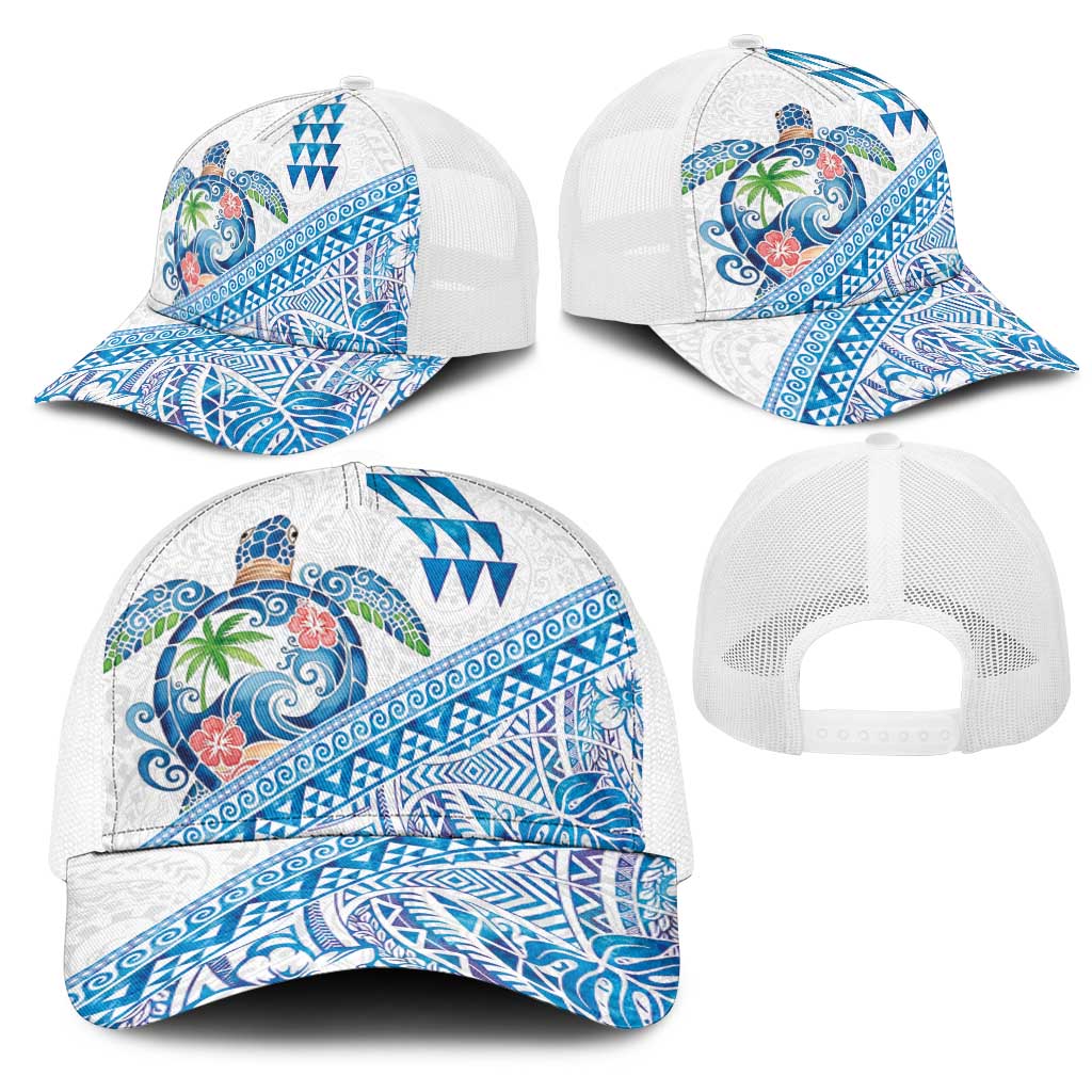 Hawaiian Abstract Sea Turtle Mesh Trucker Cap Polynesian Tapa Art and Kakau Tattoo White WaterColor - Polynesian Pride