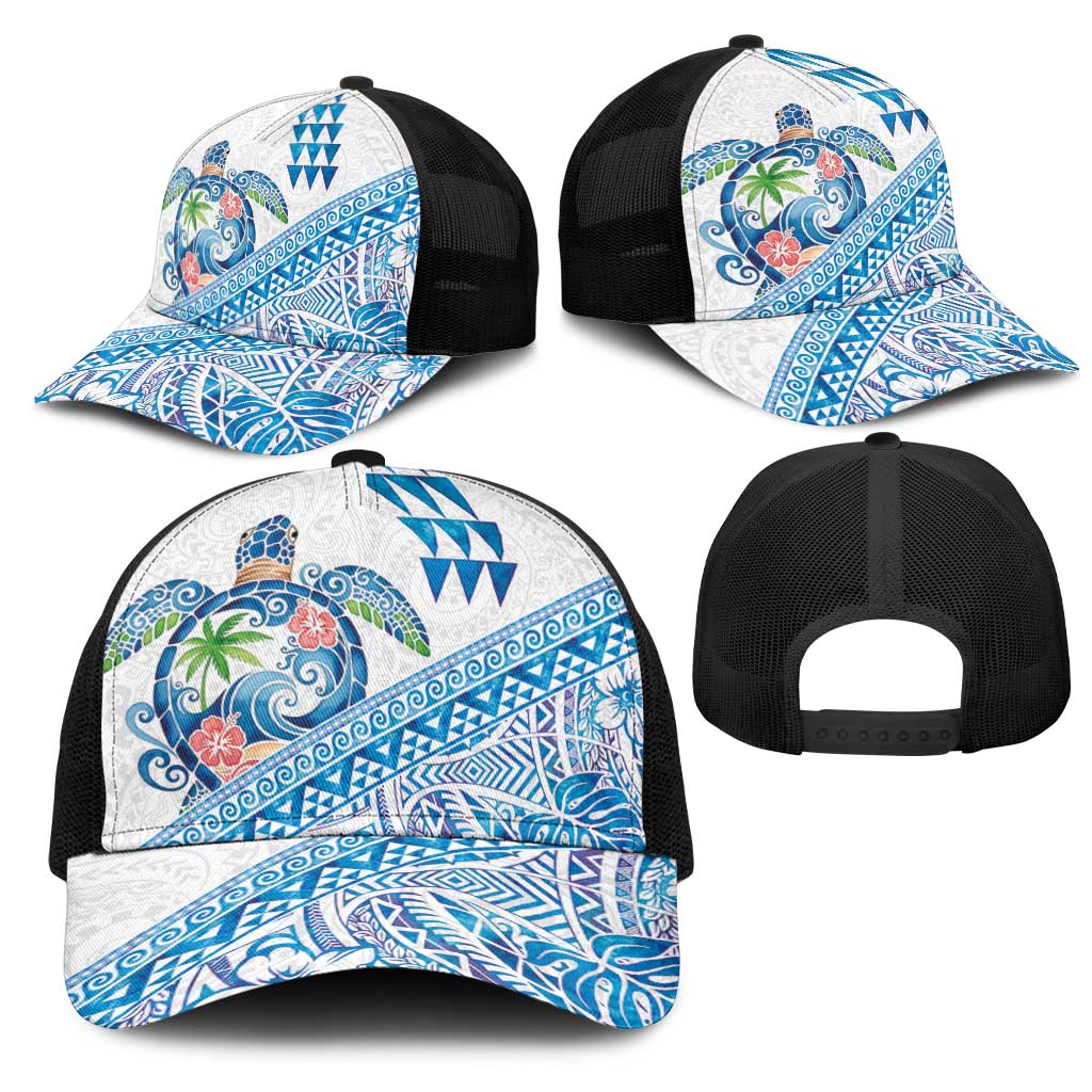 Hawaiian Abstract Sea Turtle Mesh Trucker Cap Polynesian Tapa Art and Kakau Tattoo White WaterColor - Polynesian Pride