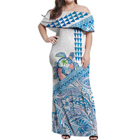 Hawaiian Abstract Sea Turtle Off Shoulder Maxi Dress Polynesian Tapa Art and Kakau Tattoo White WaterColor LT03 Women White - Polynesian Pride