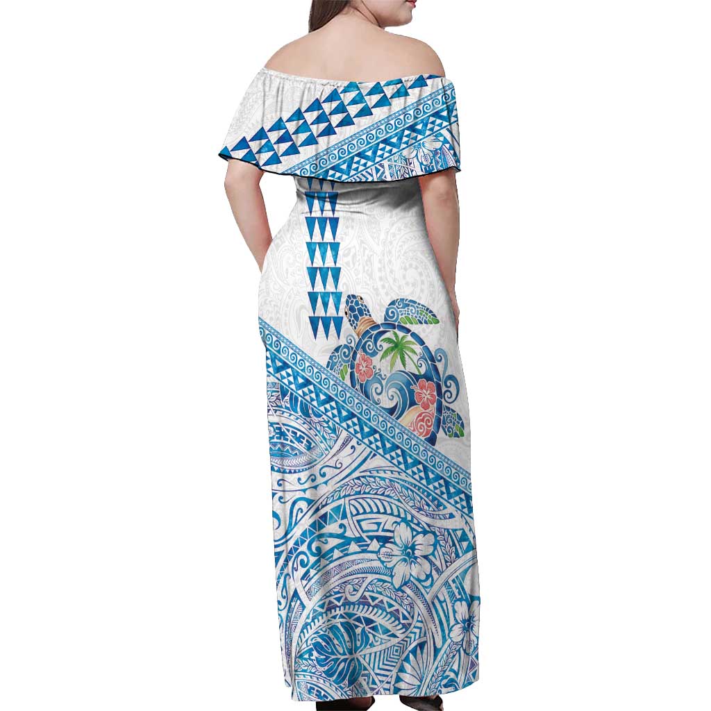 Hawaiian Abstract Sea Turtle Off Shoulder Maxi Dress Polynesian Tapa Art and Kakau Tattoo White WaterColor LT03 - Polynesian Pride