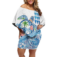 Hawaiian Abstract Sea Turtle Off Shoulder Short Dress Polynesian Tapa Art and Kakau Tattoo White WaterColor LT03 Women White - Polynesian Pride