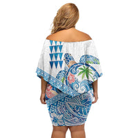 Hawaiian Abstract Sea Turtle Off Shoulder Short Dress Polynesian Tapa Art and Kakau Tattoo White WaterColor LT03 - Polynesian Pride