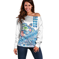 Hawaiian Abstract Sea Turtle Off Shoulder Sweater Polynesian Tapa Art and Kakau Tattoo White WaterColor LT03 Women White - Polynesian Pride
