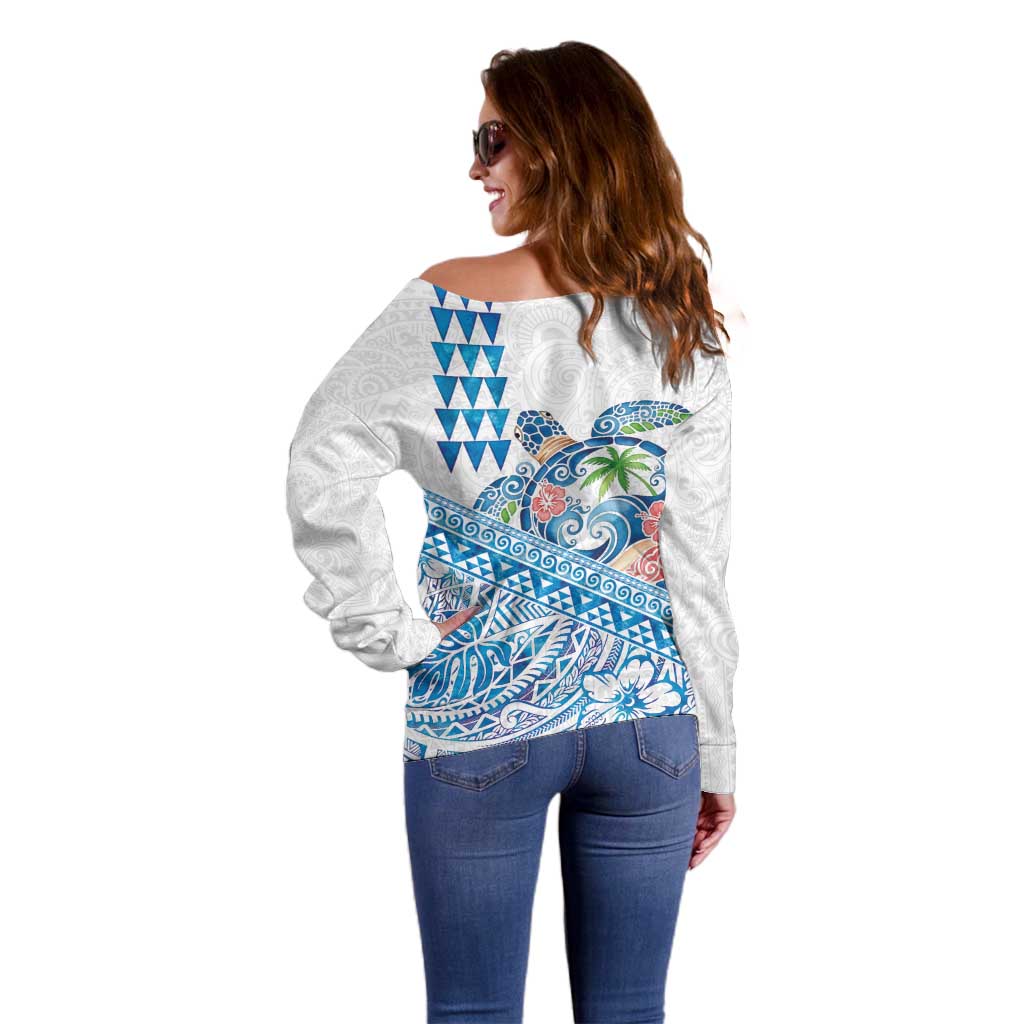 Hawaiian Abstract Sea Turtle Off Shoulder Sweater Polynesian Tapa Art and Kakau Tattoo White WaterColor LT03 - Polynesian Pride
