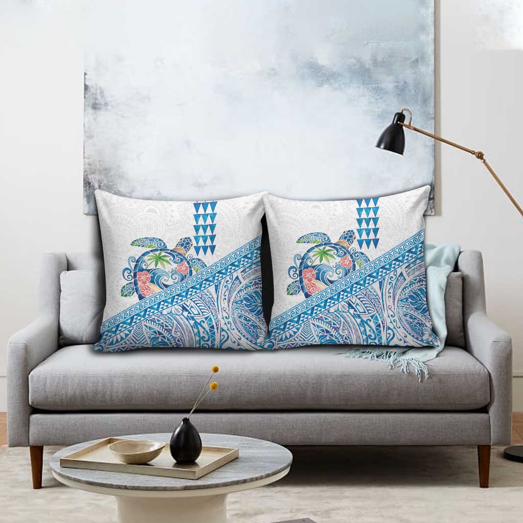 Hawaiian Abstract Sea Turtle Pillow Cover Polynesian Tapa Art and Kakau Tattoo White WaterColor LT03 - Polynesian Pride