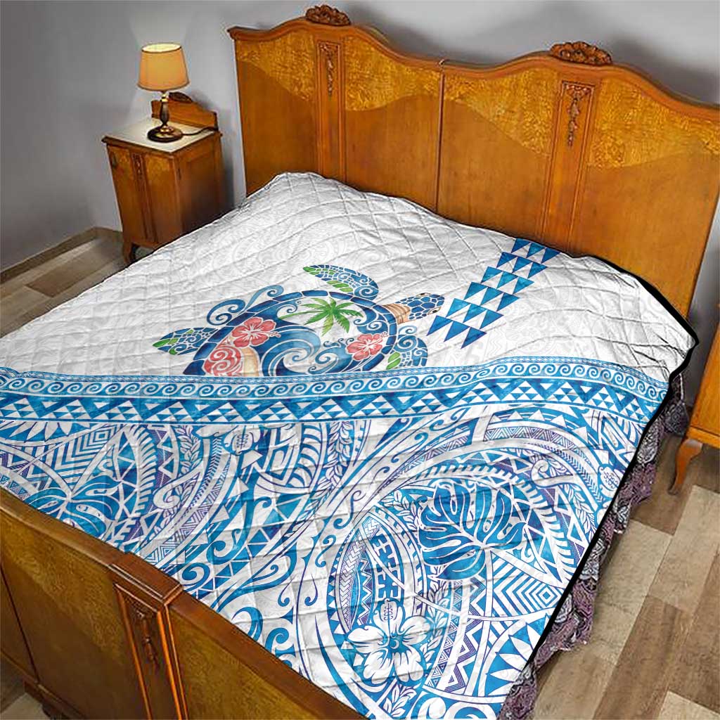 Hawaiian Abstract Sea Turtle Quilt Polynesian Tapa Art and Kakau Tattoo White WaterColor LT03 - Polynesian Pride