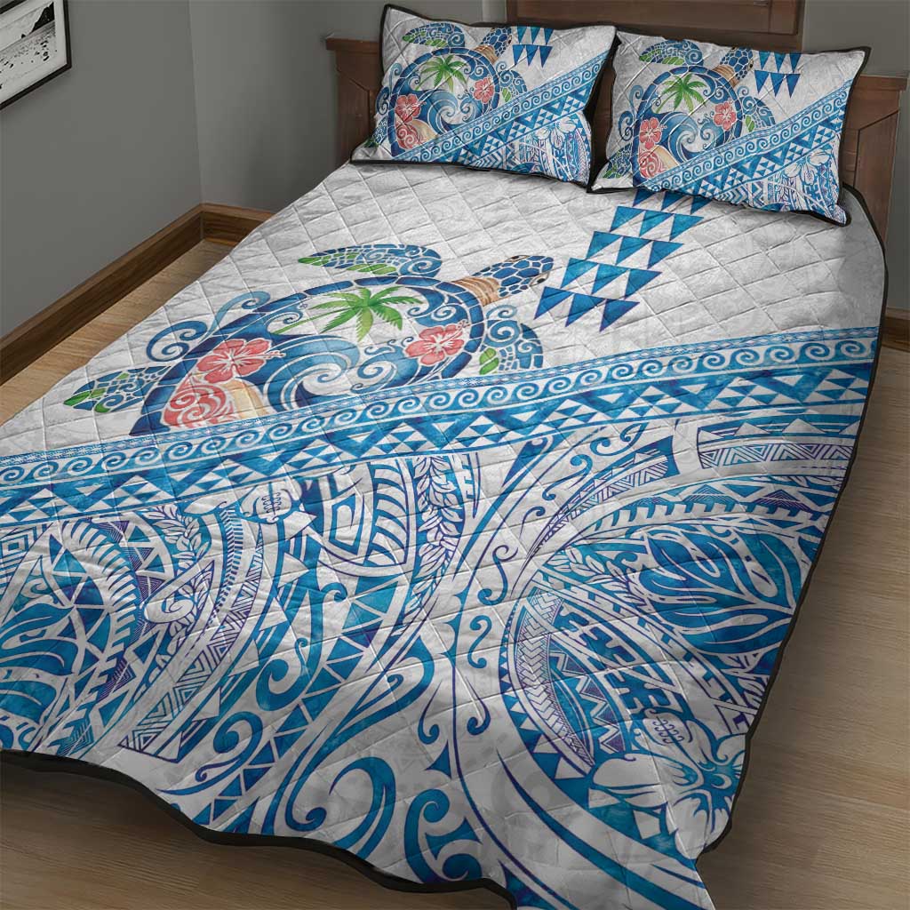 Hawaiian Abstract Sea Turtle Quilt Bed Set Polynesian Tapa Art and Kakau Tattoo White WaterColor LT03 - Polynesian Pride