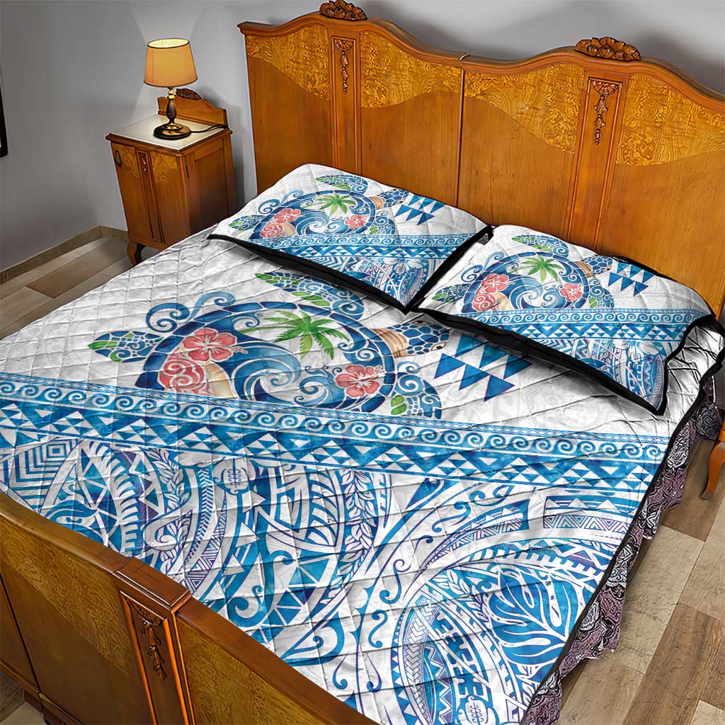Hawaiian Abstract Sea Turtle Quilt Bed Set Polynesian Tapa Art and Kakau Tattoo White WaterColor LT03 - Polynesian Pride