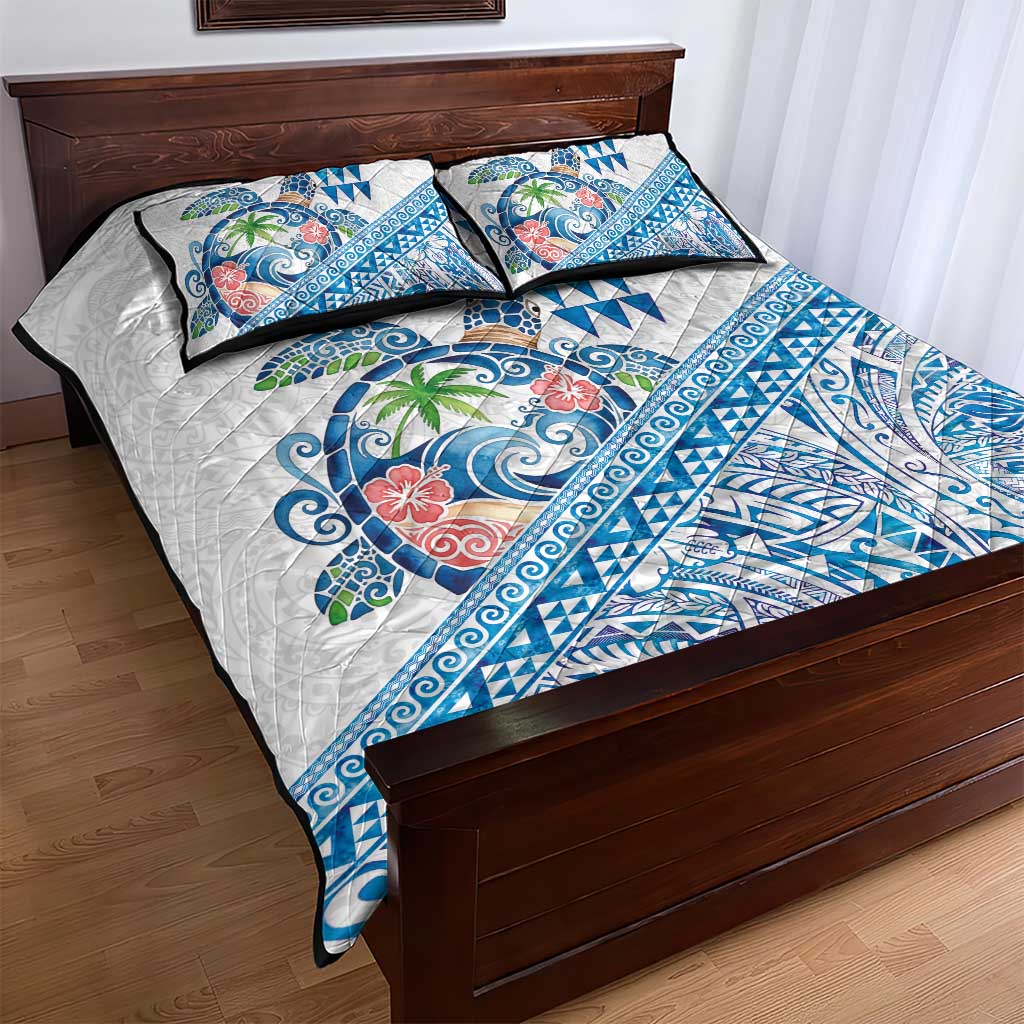 Hawaiian Abstract Sea Turtle Quilt Bed Set Polynesian Tapa Art and Kakau Tattoo White WaterColor LT03 - Polynesian Pride