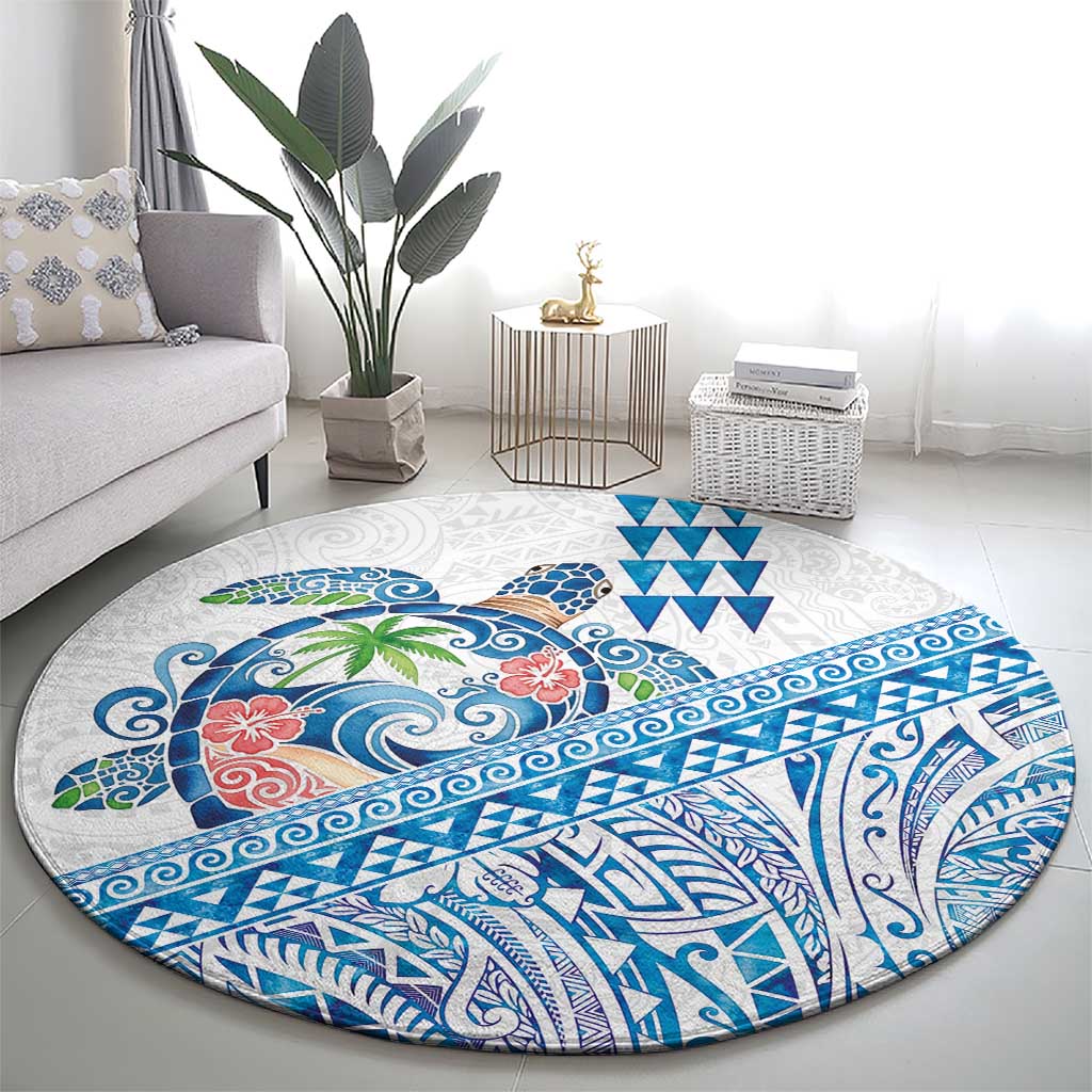Hawaiian Abstract Sea Turtle Round Carpet Polynesian Tapa Art and Kakau Tattoo White WaterColor LT03 - Polynesian Pride