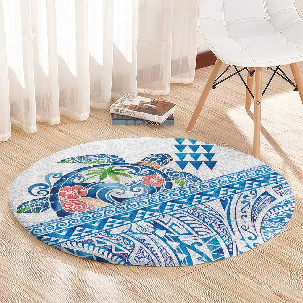 Hawaiian Abstract Sea Turtle Round Carpet Polynesian Tapa Art and Kakau Tattoo White WaterColor LT03 - Polynesian Pride