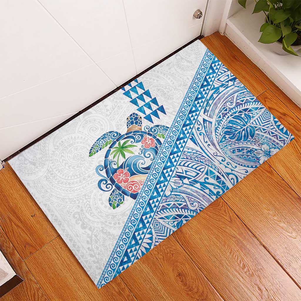 Hawaiian Abstract Sea Turtle Rubber Doormat Polynesian Tapa Art and Kakau Tattoo White WaterColor LT03 - Polynesian Pride